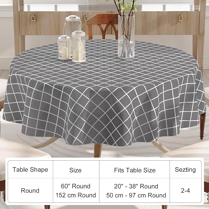 Round Table Cloth, Wipeable Plastic Plaid Tablecloths, Waterproof Vinyl Table Cover with Flannel Backing for Dining, Picnic, Indoor and Outdoor (60" Round, Grey)