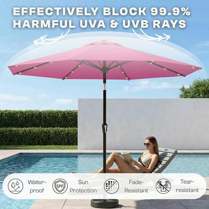 10FT Solar Lighted Patio Umbrella, Outdoor Table Market Umbrellas with Push Button Tilt and Crank, 32 LED Lights, 8 Sturdy Ribs, UV-Resistant for Deck, Garden, Pool