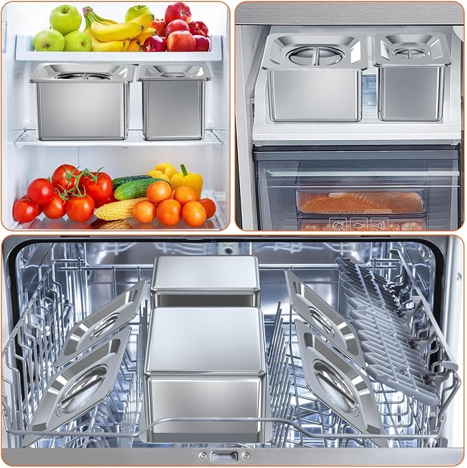 Pizza Topping Station for Grill Cart, Universal Condiment Serving Container for Outdoor Grill Stand, Stainless Steel Seasoning Containers with Lid, 4 Compartment Trays for Prepping Ingredients