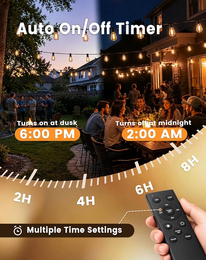 60FT(50+10) Outdoor LED String Lights with 2FT Bulb Spacing, Waterproof, Shatterproof, Dimmable, Warm White, 3 Lighting Modes, Timer, Plug in Hanging Backyard Lights for Outside, Patio