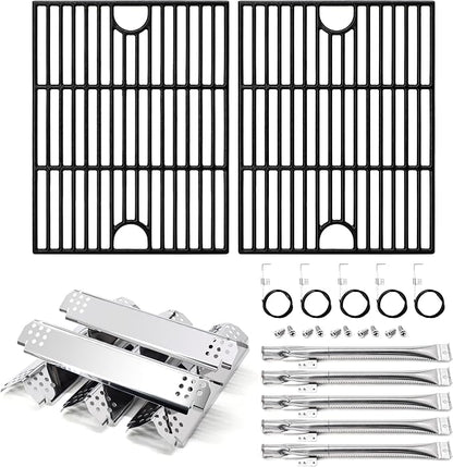 Grill Replacement Parts for Nexgrill 5 Burner 720-0888N, 720-0888, 4 Burner 720-0830H, 720-0783E, Cast Iron Grill Grates, Heat Plates and Burners Kit for Nexgrill Replacement Parts 5 Burner
