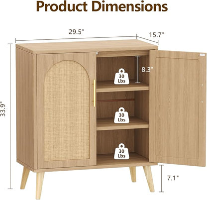 Keehusux 15.7" D Rattan Storage Cabinet with 2 Doors & Adjustable Shelf | Accent Buffet Sideboard Cabinet with Solid Wood Legs, Coffee Bar for Kitchen, Living Room, Entryway, Natural Oak