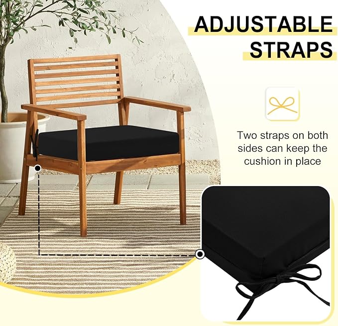 downluxe Outdoor Chair Cushions Set of 6 for Patio Furniture, Water-Resistant Square Corner Patio Chair Cushions with Ties, High Density Foam Outdoor Seat Cushion, 18.5" X 16" X 3", Black
