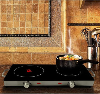 Ceramic Infrared Double Electric Cooktop – Portable Dual Burner with Glass Top, Adjustable Heat, Compact Design for Dorm, RV, or Camping