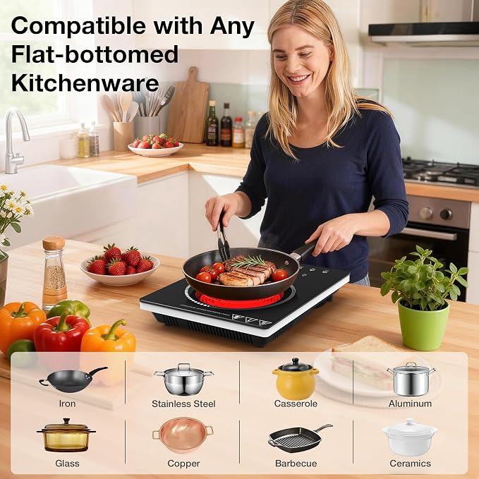 Single Burner Electric Cooktop 1800W, Portable Electric Stove Hot Plate Countertop Stove Top Burner with 8 Power Settings, 4-Hour Timer Child Safety Lock for Apartment, Dorm & Small Kitchen