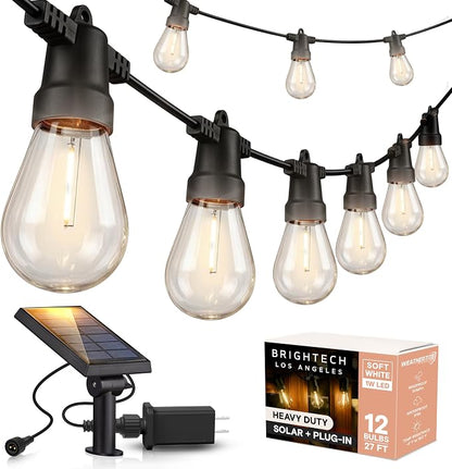 Brightech Ambience Hybrid Outdoor String Lights - Dual Plug and Solar Powered Waterproof LED Light String for Outside - 27 Ft, Soft White Edison Bulbs, for Camping, Patio, Cafe, Yard, Porch