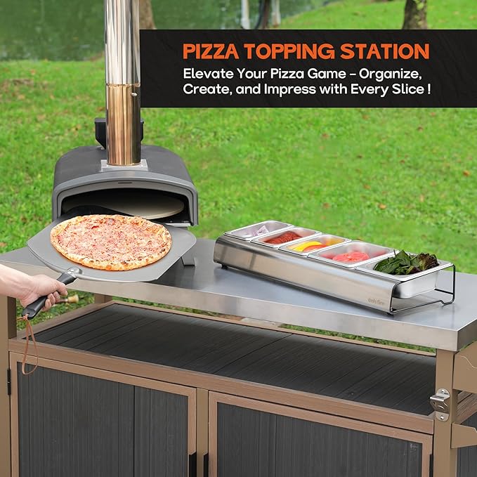 Onlyfire Pizza Topping Station, Stainless Steel Condiment Seasoning Containers with Lid and 5 Compartment Trays for Prepping Ingredients and Toppings, Pizza Oven Accessories Outdoor