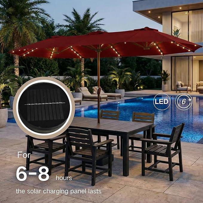 Kingdura 15ft Large Patio Umbrella with Solar Lights, Double-Sided Rectangle Outdoor Table Umbrella with Base Included, 12 Reinforced Ribs, 48 Led Lights, Crank Lift for Market Pool Deck, Dark red
