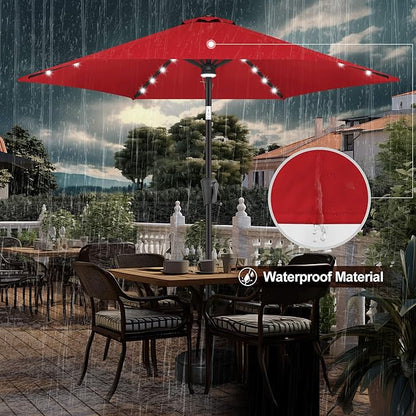 FLAME&SHADE 10ft Solar Outdoor Umbrella - 24 LED Lighted Patio Umbrella with Centre Surround Light, Table Umbrellas with Tilt & Crank for Pool, Porch, Garden, Deck, Backyard UV Protection (Red)