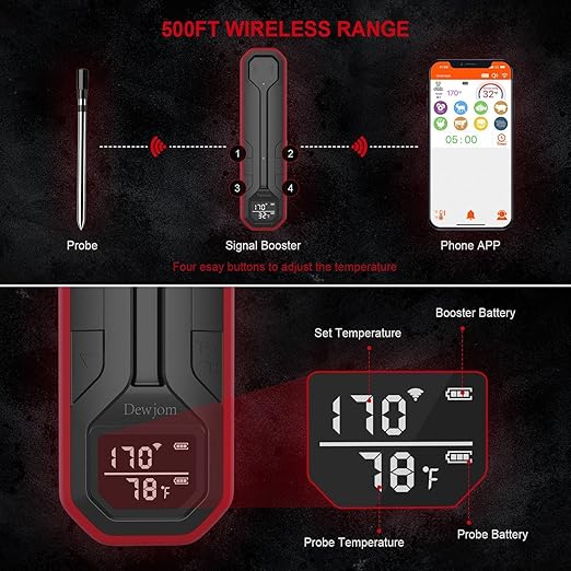 Wireless Meat Thermometer – Digital Cooking Thermometer with Wireless Probe – 500Ft Remote Range Food Thermometer – with iOS & Android Read App -Preprogrammed Temperatures for BBQ, Grill, Oven