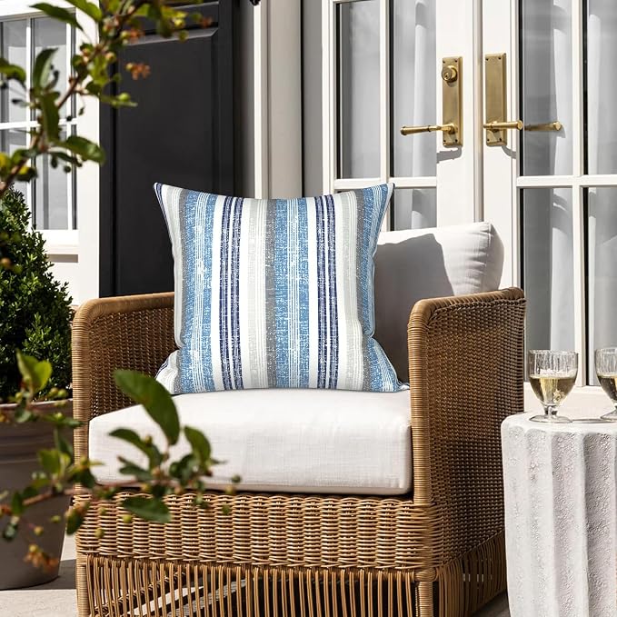 LVTXIII 2 Pack Outdoor Pillow Covers ONLY 18x18 Inch, Water-Repellent Square Decorative Cushion Covers for Patio Furniture, Garden, Sofa, Stripe Layered Blue