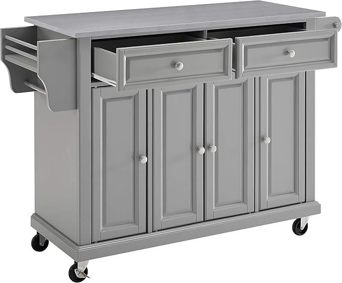 Crosley Furniture Full Size Stainless Steel Rolling Kitchen Island Storage Cart, Microwave Stand, Spice Rack, Gray