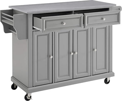 Crosley Furniture Full Size Stainless Steel Rolling Kitchen Island Storage Cart, Microwave Stand, Spice Rack, Gray
