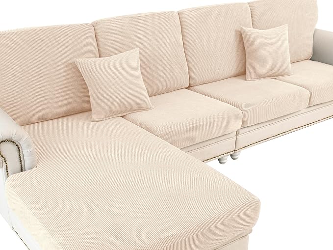LA MEACK Couch Cushion Cover Chaise Lounge Cover Washable Separate Seat Chaise Couch Cover Stretch Sectional Sofa Slipcover(1 Piece for Chaise or Sofa 3-Seater, Natural)