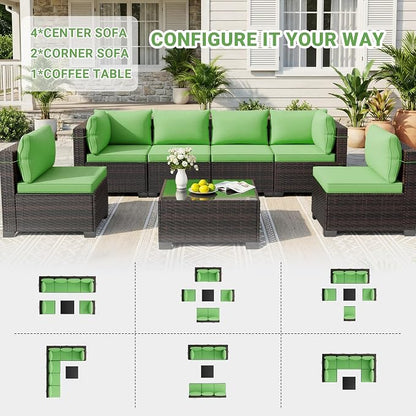 LAWELL 7 Pieces Outdoor Patio Furniture Sets,Rattan Conversation Sectional Set,Manual Weaving Wicker Patio Sofa with Tea Table
