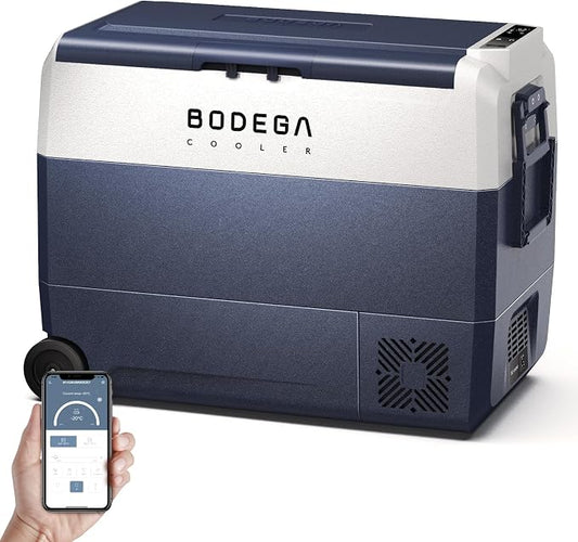BODEGA 64QT 12 Volt Car Refrigerator Portable Single Zone With Wheels | Shockproof，Bluetooth Control, -4℉-68℉ ,12/24V DC&100-240V AC,H/M/L Battery protection,ECO&MAX MODE,LED Light,anti shack