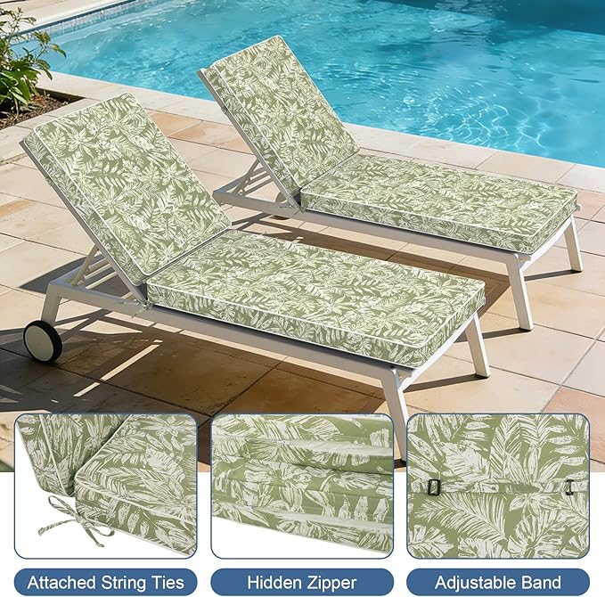 LVTXIII Outdoor Chaise Lounge Cushion 72x21x3 Inch, Water-Repellent Patio Seat Cushion with Ties & Hidden Zipper, Thick Foam Pad for Lawn Chair, Poolside, Patio Furniture, Tropical Leaf Green