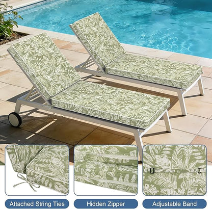 LVTXIII Outdoor Chaise Lounge Cushion 72x21x3 Inch, Water-Repellent Patio Seat Cushion with Ties & Hidden Zipper, Thick Foam Pad for Lawn Chair, Poolside, Patio Furniture, Tropical Leaf Green