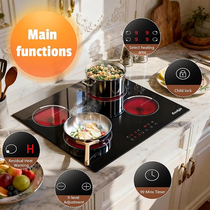 Electric Cooktop 24 Inch, 4 Burner Electric Stove Top Drop-in(22.05"x19.3") 220V-240V, 24 Inch large Ceramic Stovetop with Ceramic Glass, Timer, Kids Safety Lock, 220V Hard Wired (No Plug)
