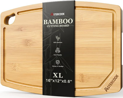 Astercook Large Bamboo Cutting Board, Natural Bamboo Chopping Board with Juice Groove and Easy-Grip Handle, Wooden Kitchen Board for Meat, Vegetables, Bread, Fruit and Charcuterie