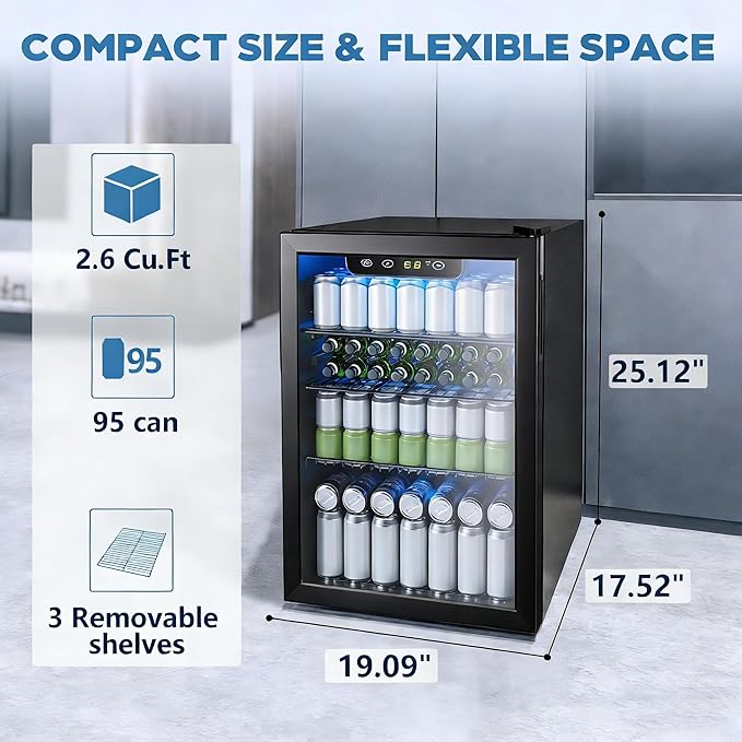 Electactic 95 Cans Beverage Refrigerator, 26 Bottle Mini Fridge, 2.7 cu.ft Drink Fridge Digital Temperature Control for Bottled Beer, Soda,Water