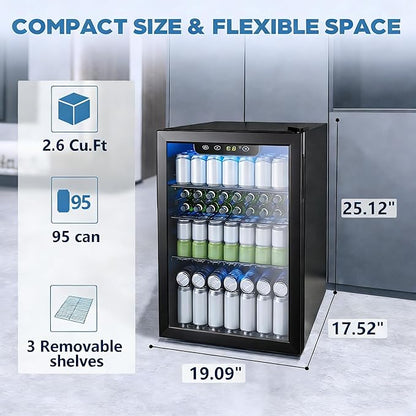 Electactic 95 Cans Beverage Refrigerator, 26 Bottle Mini Fridge, 2.7 cu.ft Drink Fridge Digital Temperature Control for Bottled Beer, Soda,Water