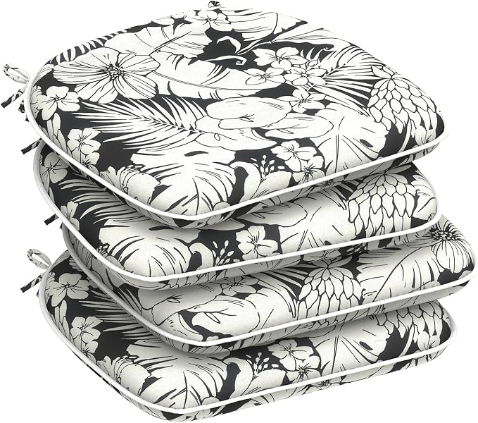 DYTXIII Set of 4 Outdoor Chair Cushions with Ties,Water Repellent Patio Chair Pads 17"x 16" for Outdoor Furniture,Round Corner Seat Cushions for Garden Yard Kitchen Tropical Blossom Noir