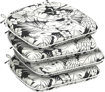 DYTXIII Set of 4 Outdoor Chair Cushions with Ties,Water Repellent Patio Chair Pads 17"x 16" for Outdoor Furniture,Round Corner Seat Cushions for Garden Yard Kitchen Tropical Blossom Noir