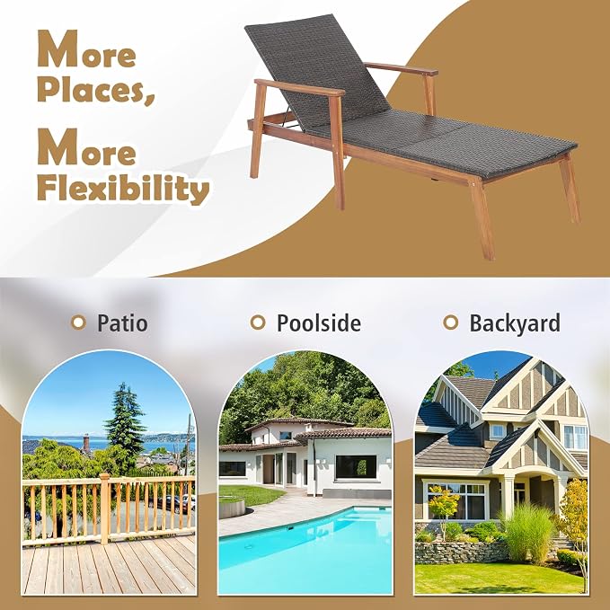 COSTWAY Patio Rattan Chaise Lounge Chair Recliner Back Adjustable Acacia Wood Garden