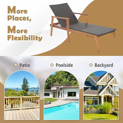 COSTWAY Patio Rattan Chaise Lounge Chair Recliner Back Adjustable Acacia Wood Garden