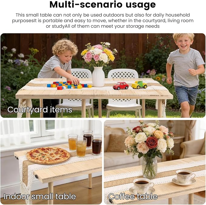 44" x 22" Boho Low Picnic Table, Foldable Solid Wood Construction | Beach Table with Tablecloth & Adjustable Legs, Indoor & Outdoor Use for Beach, Camping, BBQ, Wedding & Warm Family Gatherings