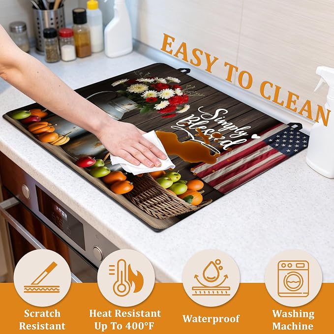 Electric Stove Top Cover,Farmhouse Flowers Stove Cover for Glass Top Electric Stove,American Flag Heat Resistant Flat Top Stove Mat Countertop Protector, 28 x 20 Inch