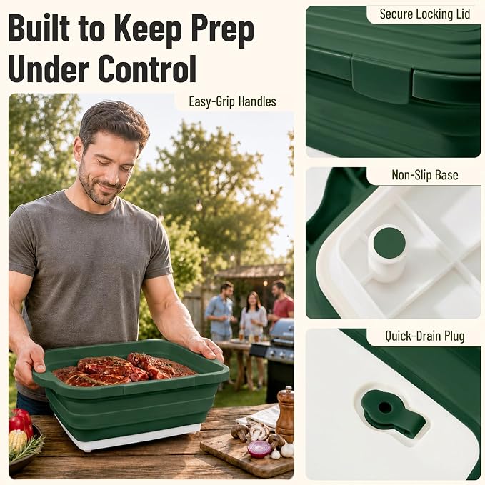 BBQ Prep Tub,16L Foldable Cutting Board with Locking Lid, Green for Outdoor | Outdoor Food Prep Bin, Stable Carry Handles, Quick-Rinse Surface, For Campsites, Cookouts, Road Trips, Family BBQ Nights