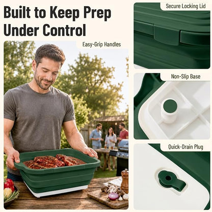 BBQ Prep Tub,16L Foldable Cutting Board with Locking Lid, Green for Outdoor | Outdoor Food Prep Bin, Stable Carry Handles, Quick-Rinse Surface, For Campsites, Cookouts, Road Trips, Family BBQ Nights