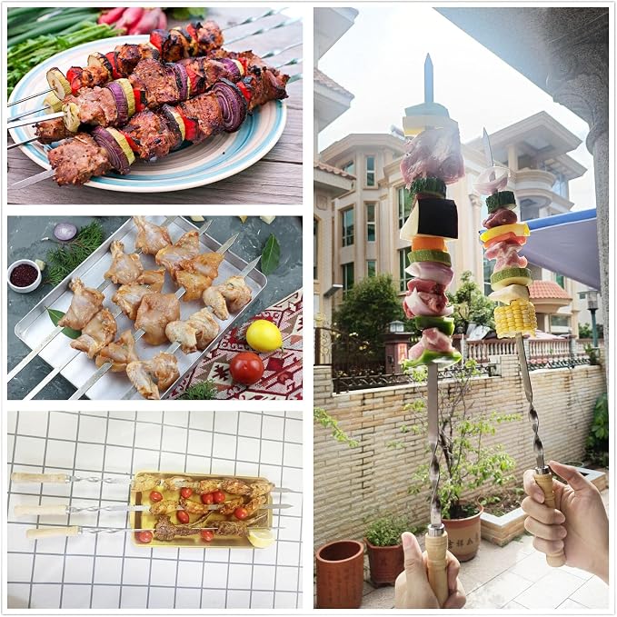 23.6" Large Size Kabob Skewers Flat Metal BBQ Barbecue Skewer Wooden Handle Stainless Steel Shish Kabob Stick Wide Reusable Grilling Set Meat Shrimp Chicken Vegetable Kebab Fork Sausage-12PCS