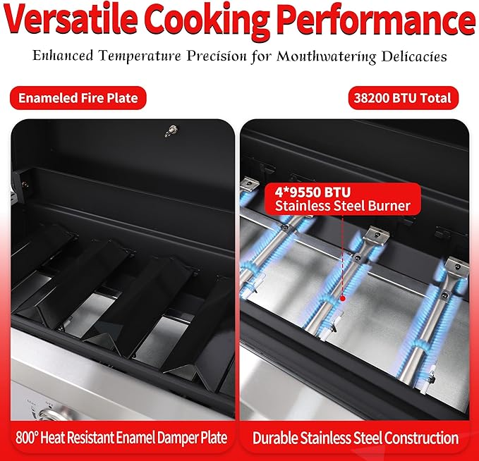 4-Burner Propane Gas Grill, 40,000 BTU Portable BBQ Grill with Cast Iron Grates & Foldable Side Shelves, Small Outdoor Gas Grill for Backyard Patio Camping Tailgating, Black