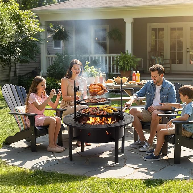 ROVSUN Upgrated 33'' Outdoor Fire Pit with 2 Grills, Grill with Side Shelves, Wood Burning Round Firepit with Swivel Cooking Grate, Removable Swivel Grill for Backyard, Patio, Picnic, BBQ and Parties