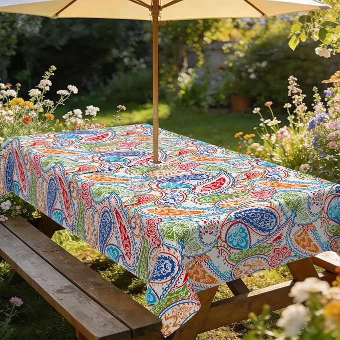 Outdoor Tablecloth with Umbrella Hole Elegant Zipper Patio Table Cloth for Outdoor Patio Garden Yard Decor