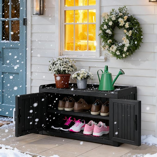Bifanuo Shoe Storage Cabinet, 2-Door Outdoor Storage Bench with Adjustable Shelves, Waterproof UV-Resistant for Hallway, Living Room, Entryway, Large Capacity Modern Organizer (Black)