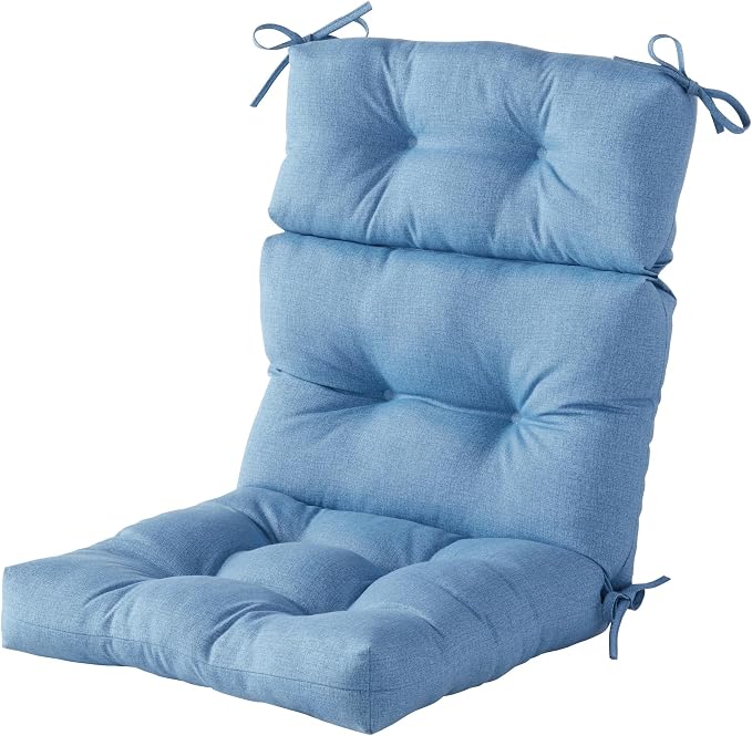 Outdoor Tufted High-Back Chair Cushions, One-Piece Hinged Seat and Back Design, Reversible with 4 Ties, Durable Polyester Fabric, Recycled Fiber Fill - Single, Denim