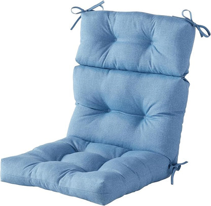 Outdoor Tufted High-Back Chair Cushions, One-Piece Hinged Seat and Back Design, Reversible with 4 Ties, Durable Polyester Fabric, Recycled Fiber Fill - Single, Denim