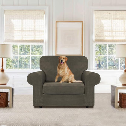 WEERRW Velvet Stretch 2 Pieces Chair Sofa Slipcovers Washable, Light Brown | Armchair Slipcovers Luxury Soft Velvet Plush Furniture Protector Couch Cover with Elastic Bottom for Kids Pets, Small