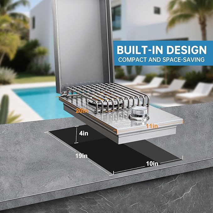 Built-in Single Side Grill Burner with Cover, Silver 304 Stainless Steel Side Burner for Outdoor Kitchen, Propane & Natural Gas, Outdoor BBQ for Family Patio Parties