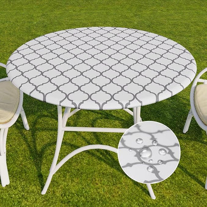 Romanstile Round Fitted Vinyl Tablecloth with Elastic Edge 100% Waterproof | Table Covers for 36"- 44" Tables, Wipeable Flannel Backed Plastic Table Cloths for Dinner Picnic Camping, WhiteMoroccan