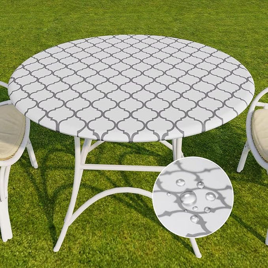 Romanstile Round Fitted Vinyl Tablecloth with Elastic Edge 100% Waterproof | Table Covers for 45"- 56" Tables, Wipeable Flannel Backed Plastic Table Cloths for Dinner Picnic Camping, WhiteMoroccan