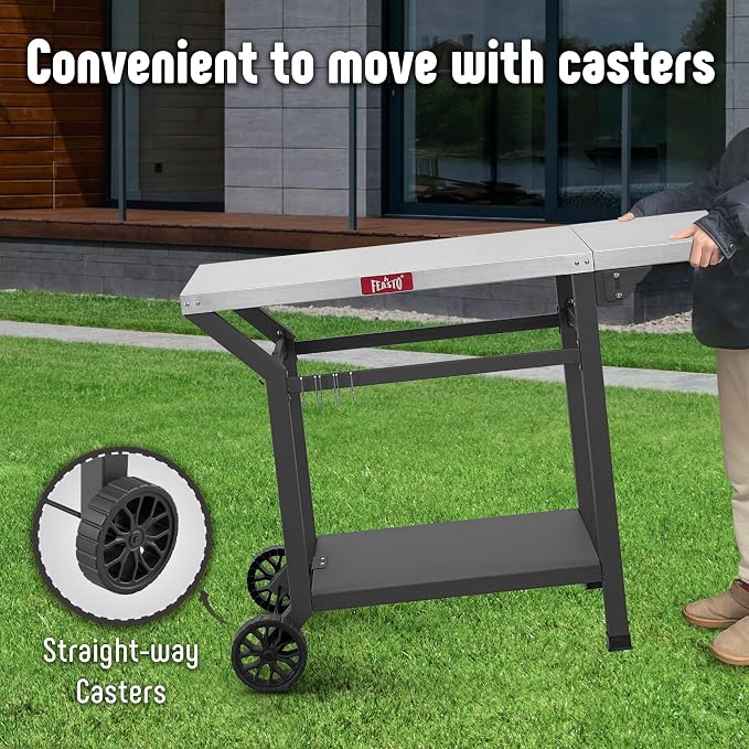 Feasto 43" Lx20 W Grill Table with Folding Side Table & Undershelf, Gray | Stainless Steel Tabletop, Foldable Side Shelf, Sturdy Undershelf, for Pizza Ovens, BBQ Grills, & Prep Work (Hooks Included)