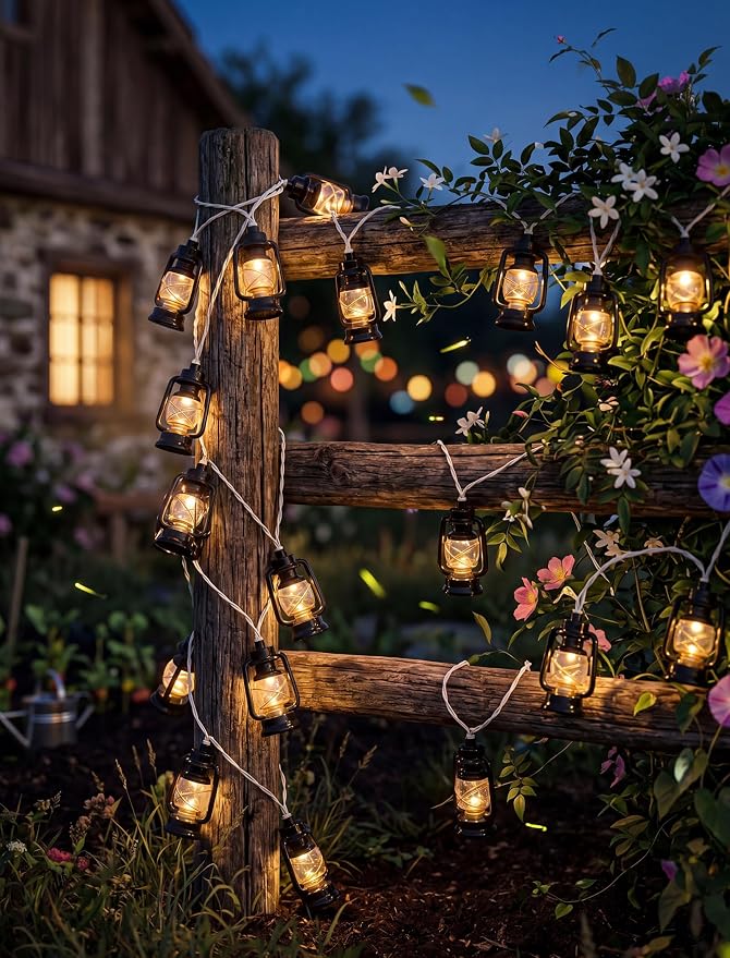 Vintage Kerosene Lantern String Lights 8.5FT, 10 LED Black Oil Lamp Camping | IP44 Waterproof & End-to-end Connectable, Plug-in LED for RV Awning, Tent, Patio, Porch, Bedroom, Camping and Holiday Decor