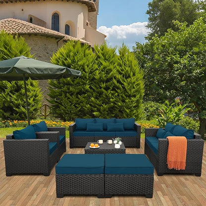 Rattaner Patio Furniture Set 7 Pieces Couch Outdoor Chairs Coffee Table Peacock Blue Anti-Slip Cushions and Waterproof Covers