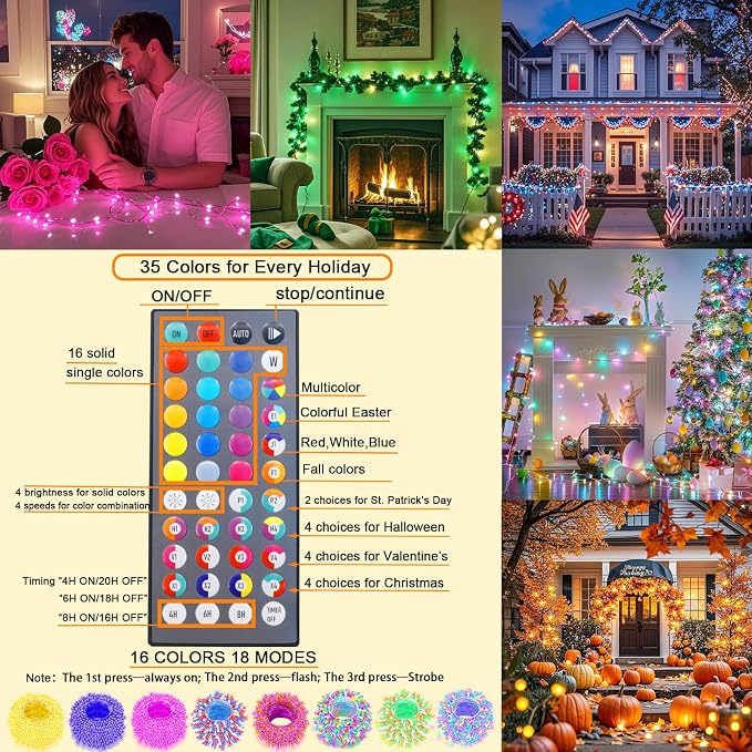 Pooqla 2 Pack Color Changing String Lights Battery Operated, Total 33.3ft 100 LED 34 Colors Battery Christmas Lights with Remote Indoor Outdoor Decorations Bedroom Classroom Porch Party Yard Decor