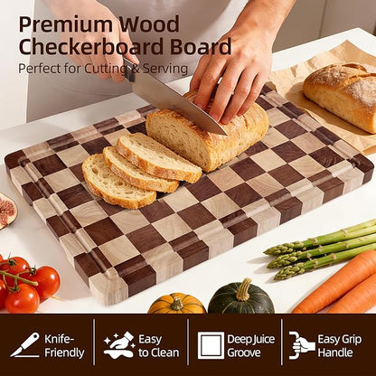 Cutting Board Set of 2 – Checkered Wood & Acrylic Cutting Board with Counter Lip for Kitchen Counter, Wood Checkerboard Chopping Board with Juice Grooves for Vegetables, Fruits, Meat